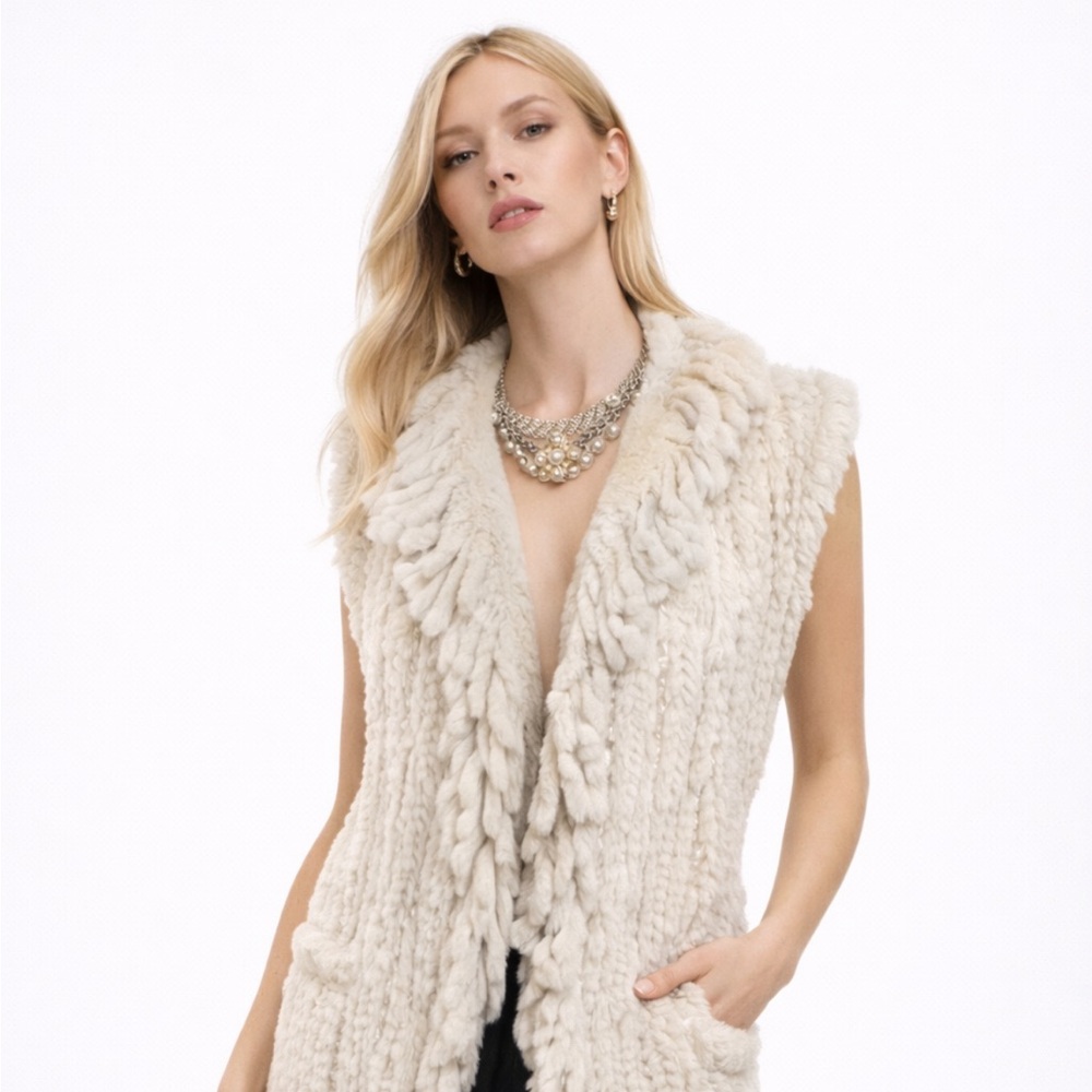 Rabbit real genuine Fur Vest knit fur cream fringe soft